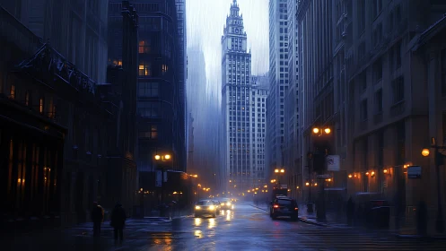 Rain-soaked towers hum while city headlights carve silver rivers