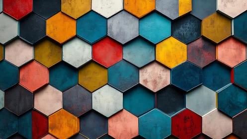 Hexagonal wall pattern layers rich painted geometric panels.