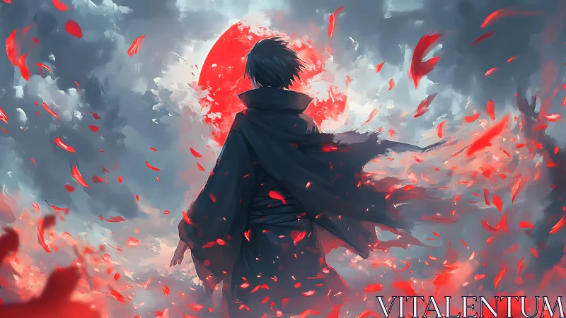 Crimson moon wanderer dissolving into storm of embers.