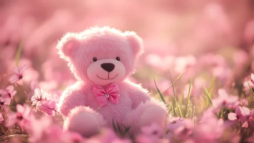 Soft pink teddy bear amid dreamy floral meadow glow.