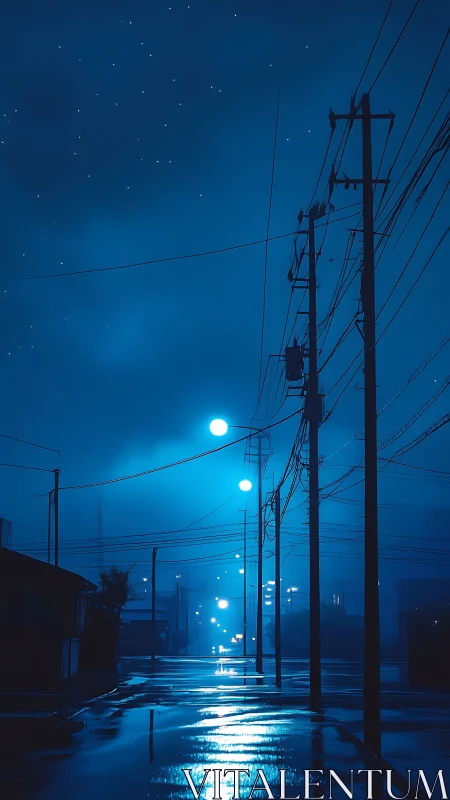 Midnight street glows softly under misty blue starlight