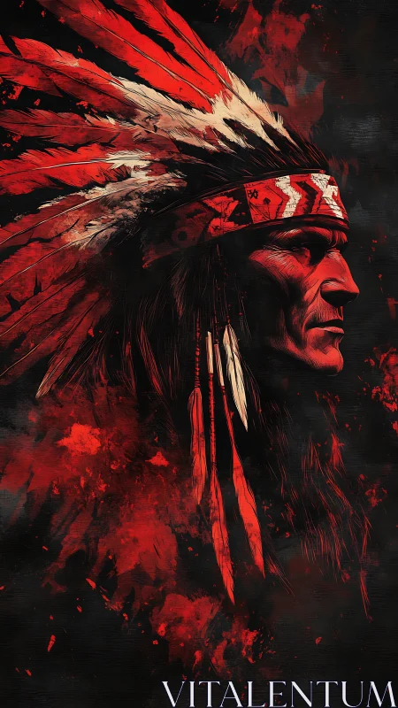 Profile portrait of feathered headdress wearer in red tones