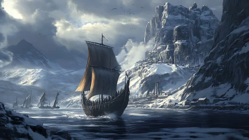 Viking longship sailing toward a frozen mountain city.