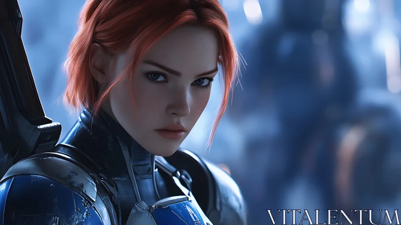 Red haired armored soldier stares forward in cold blue light