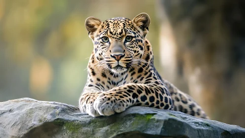 Leopard Resting on Stone with Piercing Gaze.