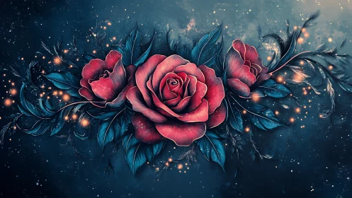 Radiant red roses bloom like constellations in a twilight sky