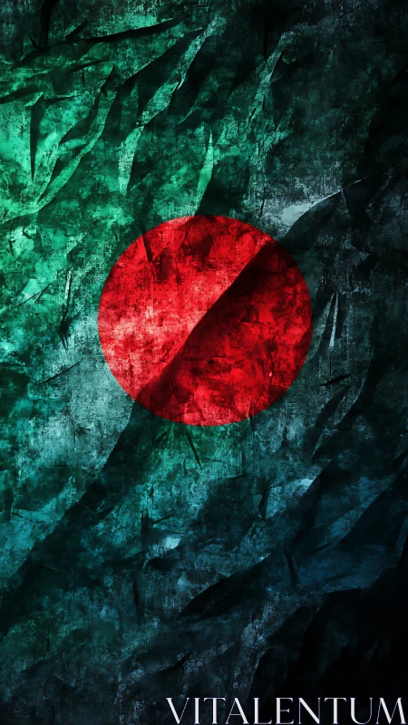 Textured red circle on distressed teal abstract field.