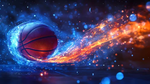 Fiery blue energy trail driving glowing basketball forward.