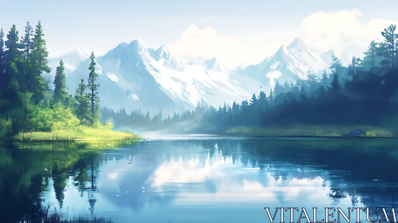 Alpine mirror lake cradling snowy peaks in morning hush.