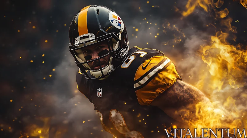 Football player portrait integrates flames and dark background