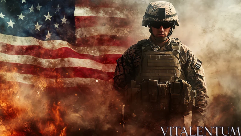 Soldier in combat gear before burning United States flag.