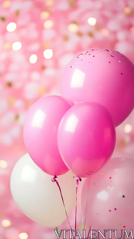 Pink and White Balloons Float Against Dreamy Bokeh Background.