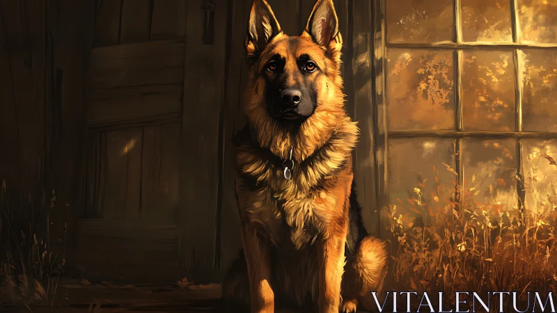 German shepherd sits in golden light by rustic window.
