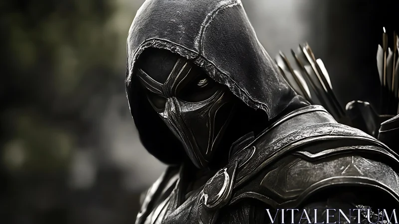 Stealth archer in dark metallic armor, cinematic close-up.