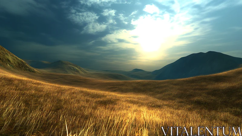 Golden grass valley under dramatic sunset sky glow.