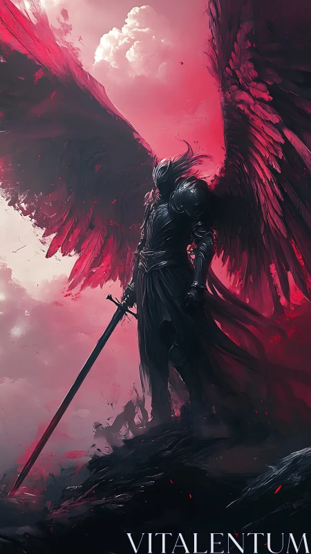 Crimson winged guardian standing watch above stormy dusk.
