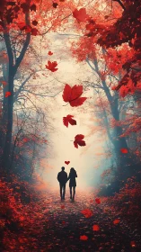 Couple Walking Through Red Autumn Forest Path