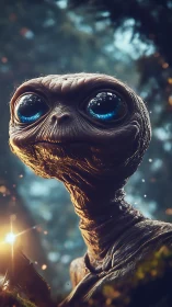 Gentle alien with luminous blue eyes glows in forest twilight.