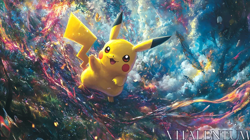 Pikachu rendered within abstract multicolored energy field.