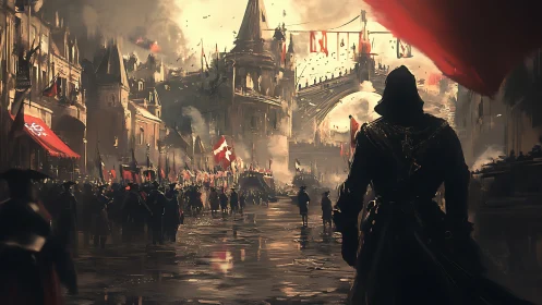 Hooded rogue surveys burning fantasy city under siege.