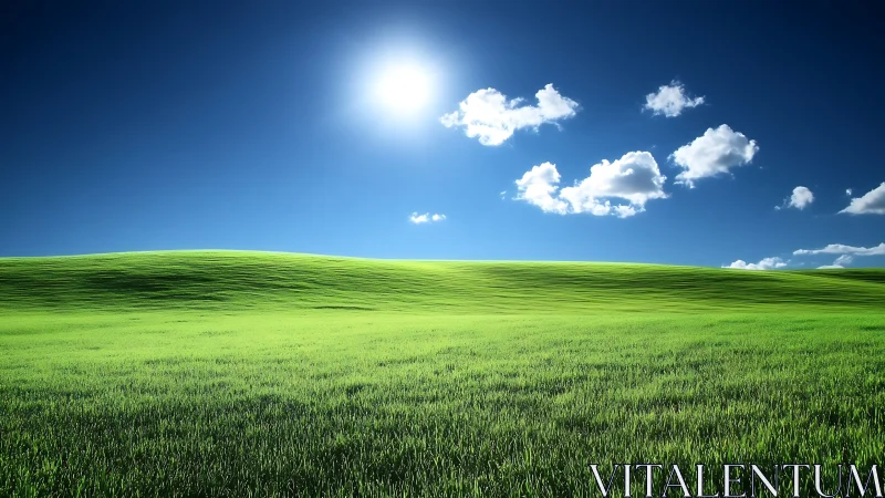 Bright green grassy hill under clear deep blue sky.