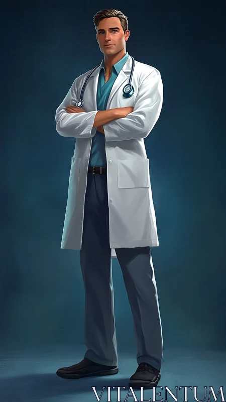 Male doctor stands in white coat with stethoscope visible