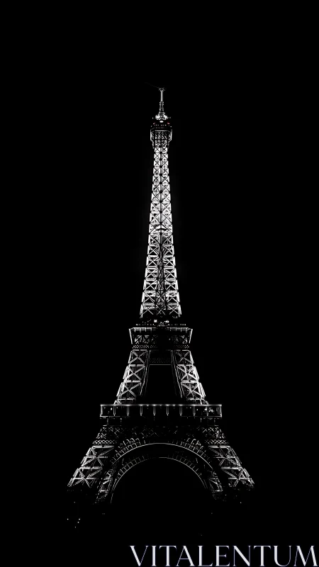 Eiffel Tower illuminated in high-contrast monochrome silhouette.