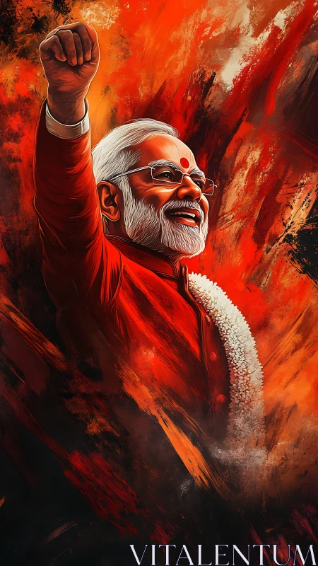 Dynamic digital portrait with raised fist and fiery brush strokes