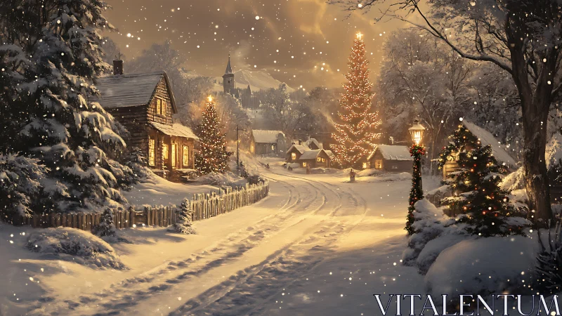 Digital painting of illuminated snowy village street at Christmas.