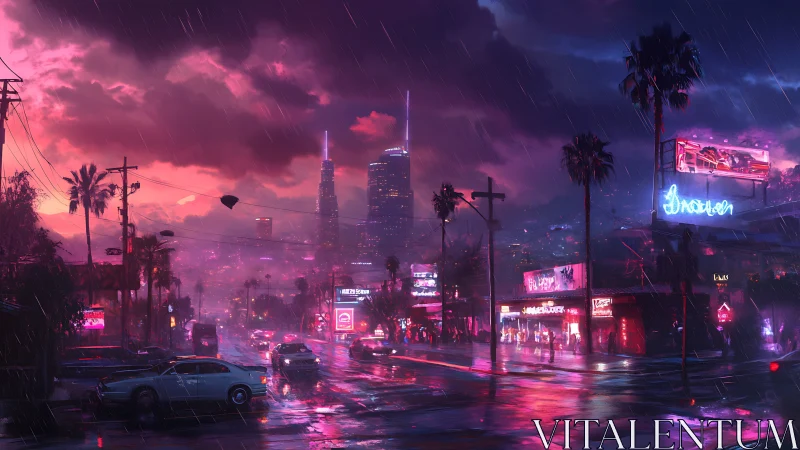 Neon soaked city street at night under stormy sky.