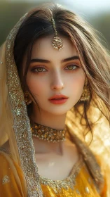 Bridal portrait in golden embroidered dupatta and jewels.