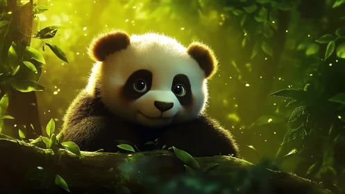 Juvenile panda rendered in stylized forest environment.