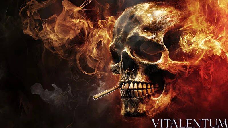 Burning skull with cigarette in swirling red and orange fire.
