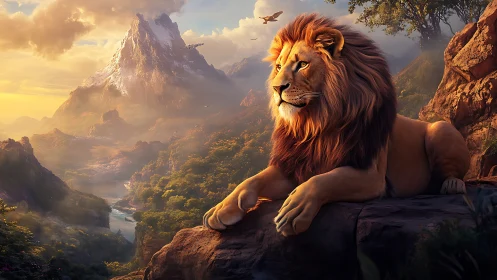 Majestic mountain lion resting in warm golden sunrise light.