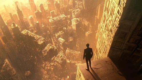 Solitary figure overlooks surreal golden cityscape abyss.