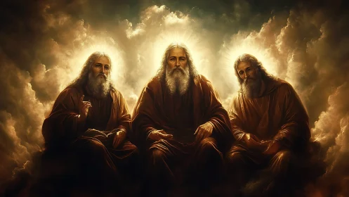 Radiant trio of wise elders sits amid glowing golden clouds