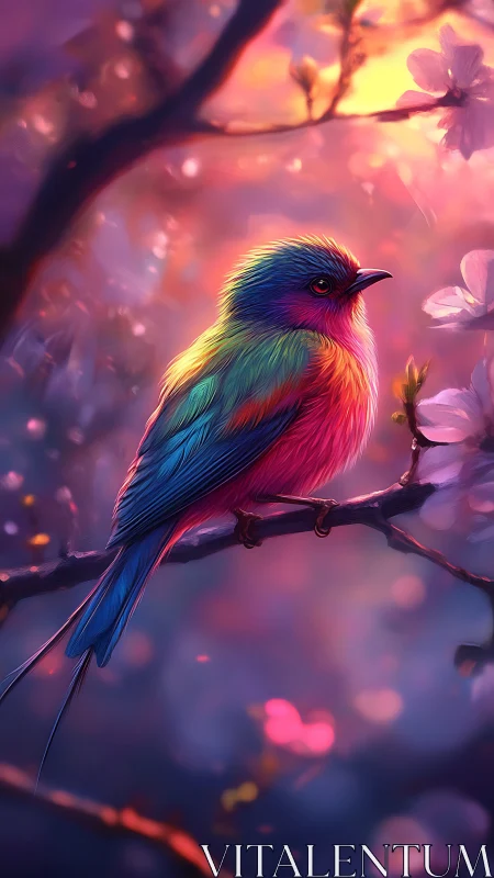 Rainbow songbird resting in dreamy sunset blossoms.