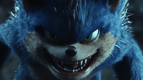 Rendered close-up shows blue anthropomorphic creature snarling