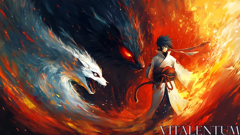 Elemental warrior amid twin spirit wolves in blazing vortex.