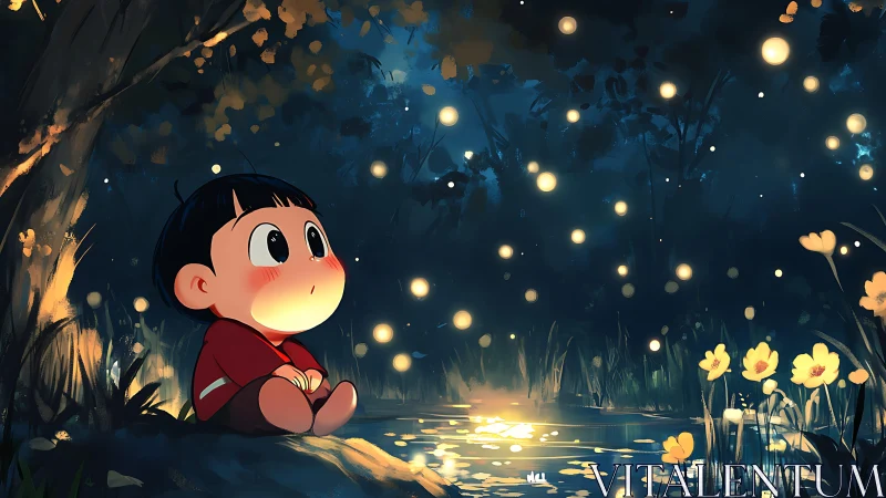 Child watching glowing lights by a quiet forest pond at night.