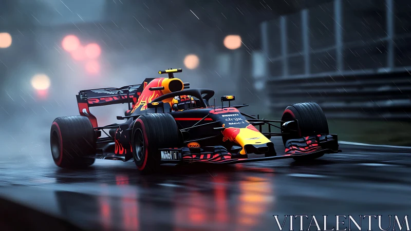 Rain-soaked Formula racer carving sparks through twilight.