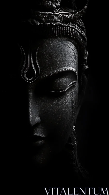 Side-lit stone deity face sculpture is partially obscured