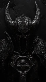 Ferrous horned warlord bust in hyper-contrast chiaroscuro.