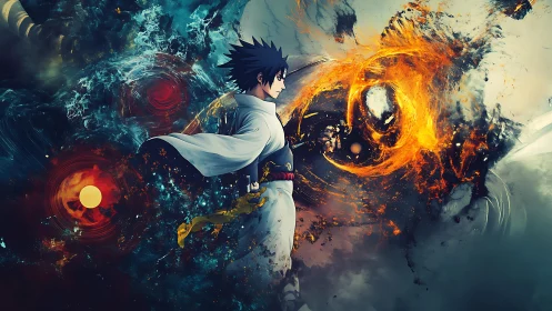 Storm-souled anime warrior walking through colliding cosmos.