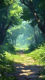 Sunlit Forest Path Through Towering Trees.