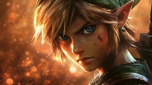 Rendered close-up depicts elf-eared warrior in warm light