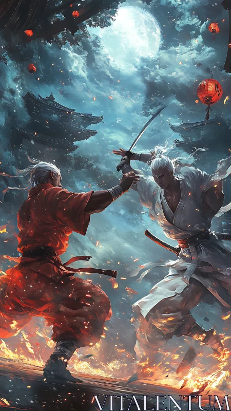 Moonlit duel between warriors amid fire and falling embers.