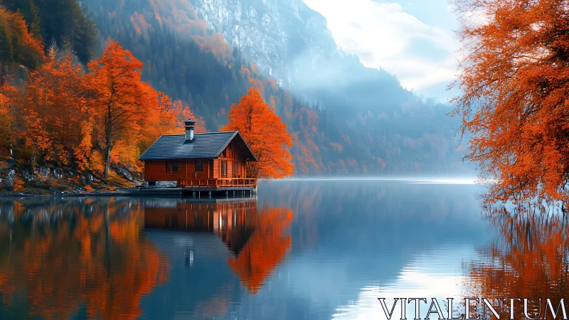 Lakeside wooden cabin amid autumn forest and mountains.