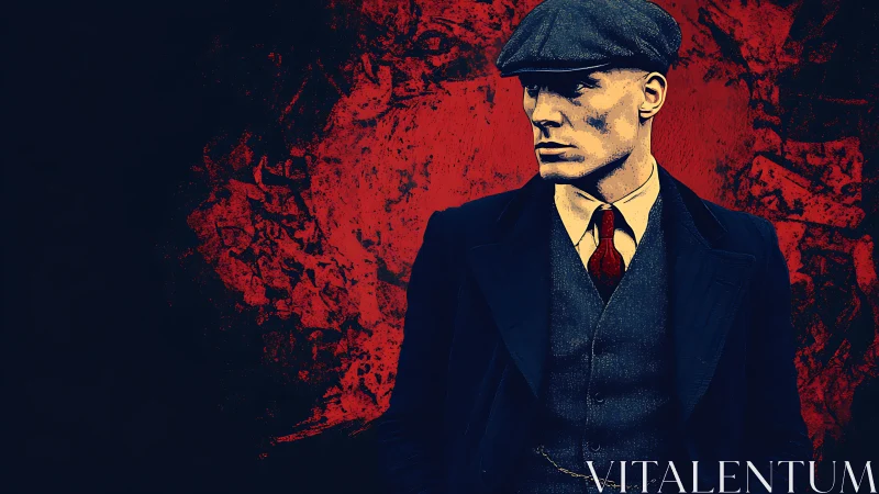 Man in vintage suit and cap stands before red textured wall