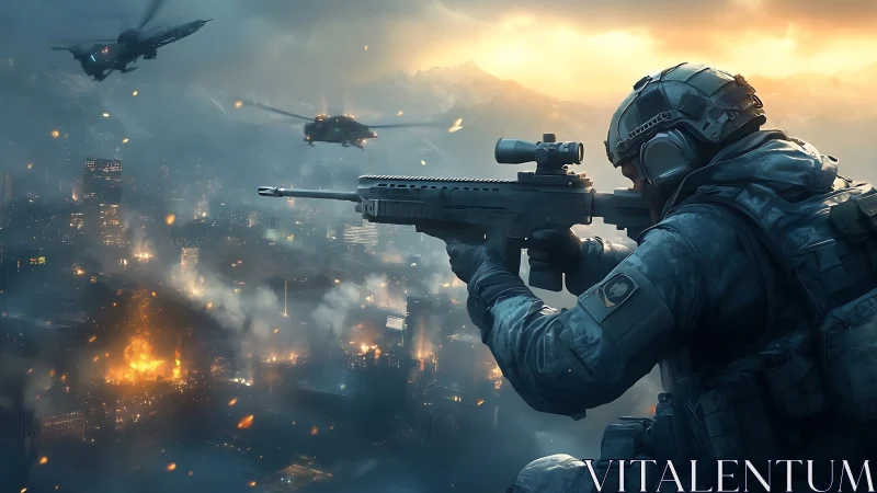 Futuristic sniper overwatch above burning cyber cityscape.